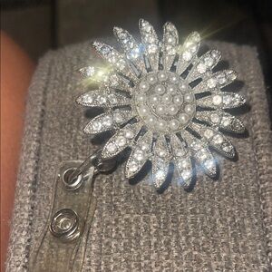 Elegant Silver and White Floral Brooch Badge Holder